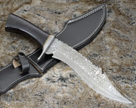 DAMASCUS HUNTING KNIFE, Damascus Bowie Knife, damascus steel knife, Bowie knife, 14" with Hand Stitched Leather Sheath, Personalized