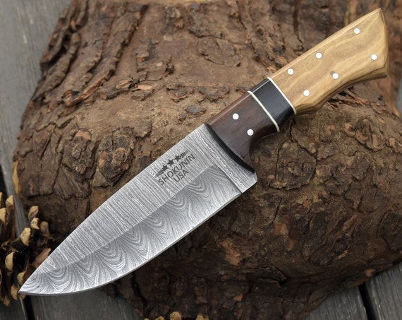 9.25" Custom, Personalized DAMASCUS KNIFE, hunting knife, Exotic Rose wood olive wood bull horn handle, Hand stitched leather sheath gift