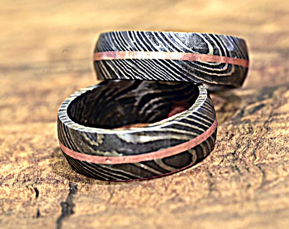 Hand Forged & Finished Damascus Steel Ring, Damascus Ring, Copper Inlay Hand Carved, US size 9 ring, wedding band, engagement ring