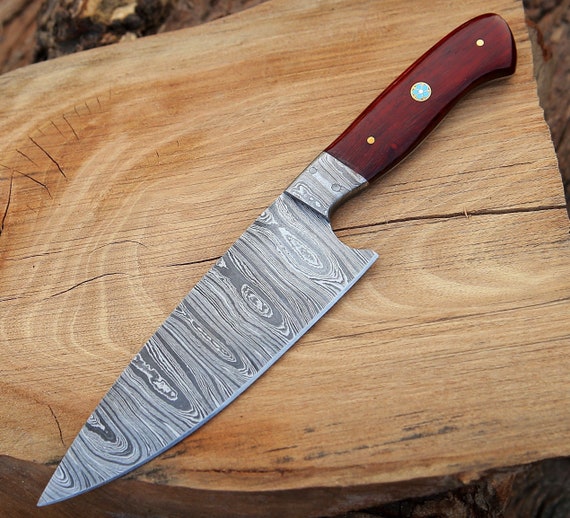 CHEF KNIFE DAMASCUS steel french style chef knife, Exotic Red Heart Wood handle, Utility Pairing Kitchen Knife, Personalized