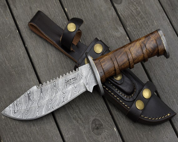 DAMASCUS BOWIE KNIFE, Custom handmade knife, 11.0" , Hand forged, Damascus hunting knife, Exotic figured rose wood handle, Personalized