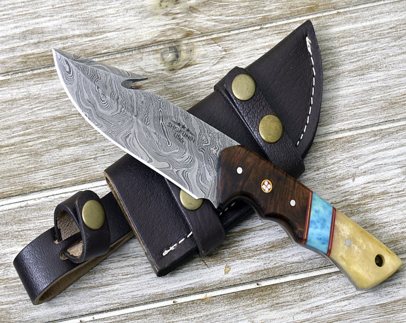 10 CUSTOM DAMASCUS GUT Hook Knife Hunting Fishing Etsy