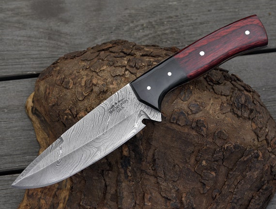 DAMASCUS HUNTING KNIFE, Custom Damascus knife, 10.0", Hand forged, Damascus steel knife, Bull Horn Guard, Hardwood handle