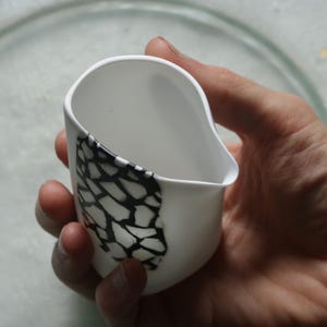 Handmade functional fish bone china pitcher, unique translucent mosaic art ceramics, contemporary handleless porcelain carafe for cold tea