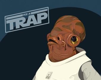 May include: A brown alien with a large head and a white uniform with a patch on the chest. The text "IT'S A TRAP" is in a white box with a black outline.