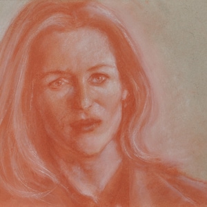 Dana Scully portait drawing in sanguine. The X Files traditional artwork, Gillian Anderson portrait, X-Files I want to believe art