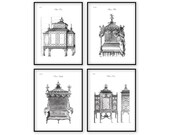 Chippendale Prints Furniture Catalogue Engraving Antique Cabinets Bed Couch 18th Century Country Home Decor Drawing Black and White ah 126