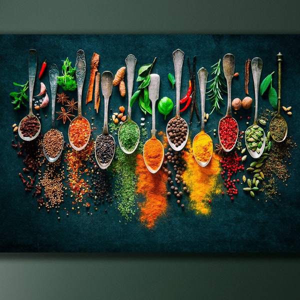 Healthy Food Art, Food and Spices Canvas Print, Restaurant Decor Stretched Ready to Hang Wall Art