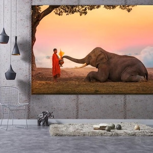 Monk with Elephant ArtWork, Mesmerizing Wall Decor, Elephant at Sunset Wall Art, Elephant and Monks Canvas Print