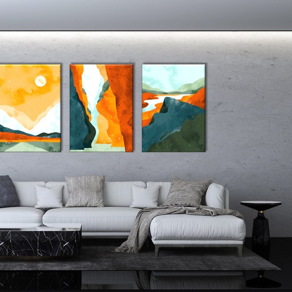 Peinture de montagne Print, Art mural triptyque, Peinture moderne, Impression sur toile 3 panneaux, Décor mural moderne, Set de 3