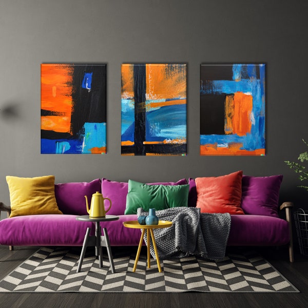 Peinture à l’huile abstraite Blue Orange sur toile, Peinture contemporaine, Œuvre d’art moderne audacieuse et colorée, Art sur toile bleu orange vif