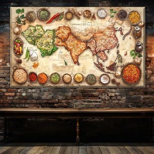 Carte de l'Inde avec différentes régions, toile imprimée cuisine indienne, affiche d'espions indiens traditionnels, oeuvre d'art murale de restaurant, décoration murale de cuisine