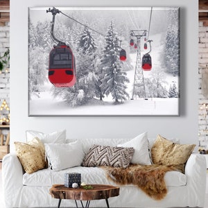 Tela panorâmica de montanhas de inverno, árvores de abeto cobertas de neve, decoração de parede de chalé, arte de parede de elevador de esqui, tela de elevador de esqui, presente para esquiador