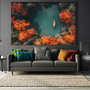 Luftbild Naturlandschaft, Atemberaubender See Leinwanddruck, Herbstlandschaft Wanddeko, Holzboot Fotokunst, Landhaus Wandkunst