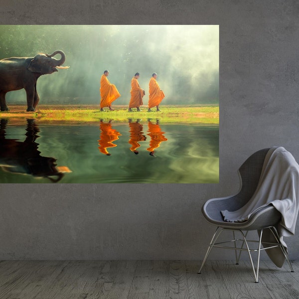 Elephant Wall Art, Elephant and Monks Canvas Print