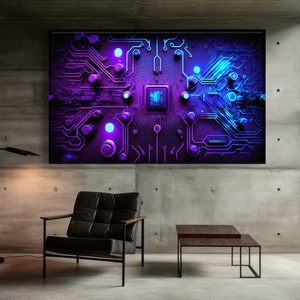 Art mural circuit violet, toile impression carte électronique, oeuvre d'art technologie numérique, art scientifique, art carte mère, cadeau technologie ingénieur