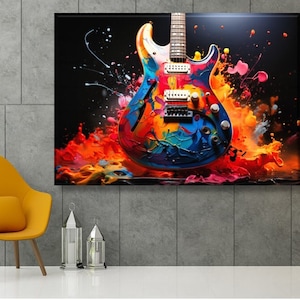 Kolorowy wydruk na płótnie z gitarą elektryczną: abstrakcyjna sztuka ścienna do pokoju muzycznego