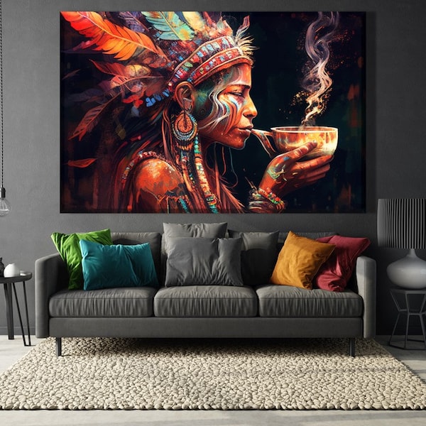 Mystical Shaman Print Canvas, Ethnic Style Art Print, Native American Mythology Wall Decor, vintage Painting ArtWork, Modern Wall Art