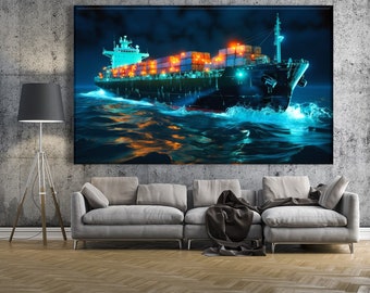 Сargo Ship Traveling Ocean at Night, Nautical Wall Art, Container Ship Print Canvas, Nautical Vessel Canvas, Logistic Company Wall Decor