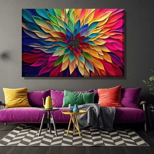 Impression sur toile colorée étonnante, oeuvre d'art abstraite de dahlia, peinture à l'huile de pétales multicolores, décoration murale contemporaine, art mural moderne