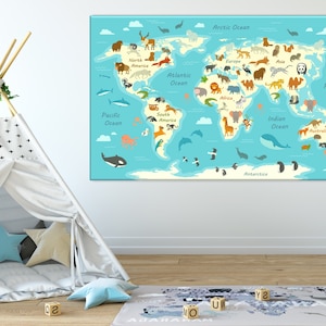 Weltkarte, Weltkarte der Tiere, Weltkarte für Kinder, Weltkarte Wandkunst