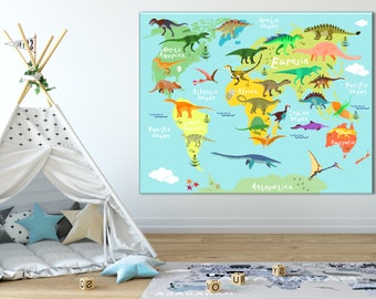 Dinosaurs World Map, World Map for Kids, Dinosaurs Map Kids Canvas, Map of the World, Home Kids Wall Decor Stretched Ready to Hang Wall Art