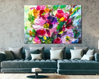 Oil Painting Flowers Canvas Print, Colorful Floral Wall Decor, Impressionism Flowers Wall Art
