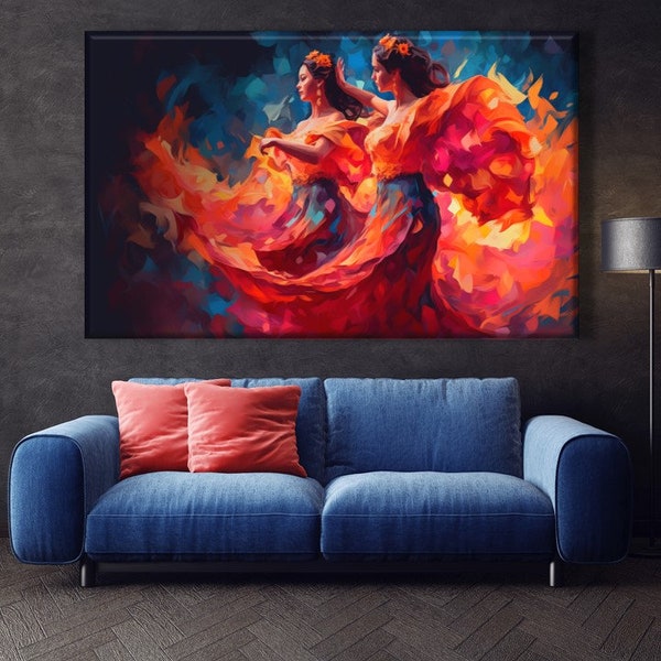 Danseuses espagnoles de flamenco, oeuvre d'art mural abstrait, oeuvre d'art de style peinture à l'huile, toile imprimée Femmes espagnoles, décoration murale danseuses incendiaires