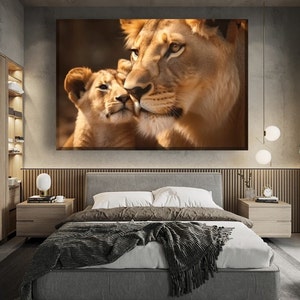 Löwin und Jungtier Kunstdruck, Wild Lion Wandkunst, Wild Life Leinwanddruck, Gestreckt, fertig zum Aufhängen