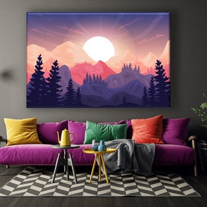 Boho Style Wall Decor, Mountains Abstract Art, Sunset in the mountains Canvas,  Forest Silhouette Print Canvas, Mountains Landscape Poster