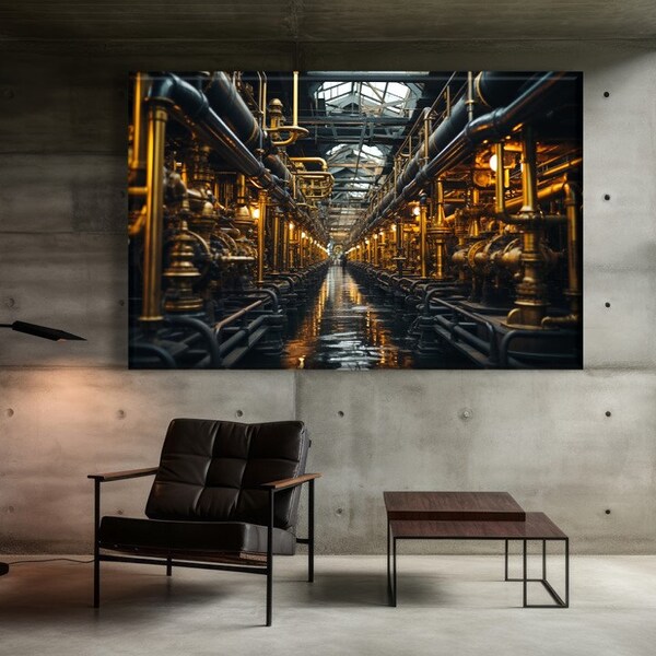 Industrial Scene Print Canvas, Large Factory ArtWork, Network of Interconnected Steel Pipes Art Print, Office Wall Decor, Engineer Gift