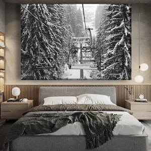 Ski Lift Wall Art, Snowy Mountains Landscape, Сhalet Wall Decor, Mountain Art Print, Ski lift Canvas, Skier Gift, Mountains Wall Art