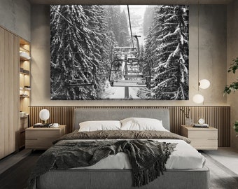 Ski Lift Wall Art, Snowy Mountains Landscape, Сhalet Wall Decor, Mountain Art Print, Ski lift Canvas, Skier Gift, Mountains Wall Art