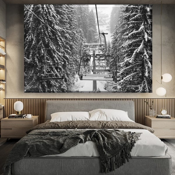 Ski Lift Wandbild, Schneebedeckte Berge Landschaft, Сhalet Wand dekor, Berg Kunstdruck, Skiaufzug Leinwand, Skifahrer Geschenk, Berge Wandkunst