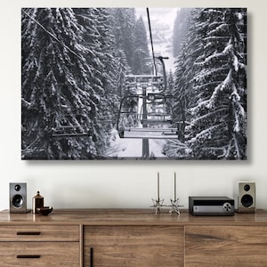 Black & White Ski Lift Wall Art, Snowy Mountains Landscape, Сhalet Wall Decor, Mountain Art Print, Ski lift Canvas, Skier Gift