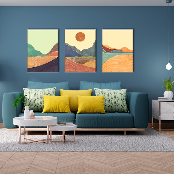 Art mural abstrait de montagnes, impression d'art de paysage, art de mur de triptyque, peinture moderne, impression de toile de 3 panneaux, décor de mur moderne, ensemble de 3