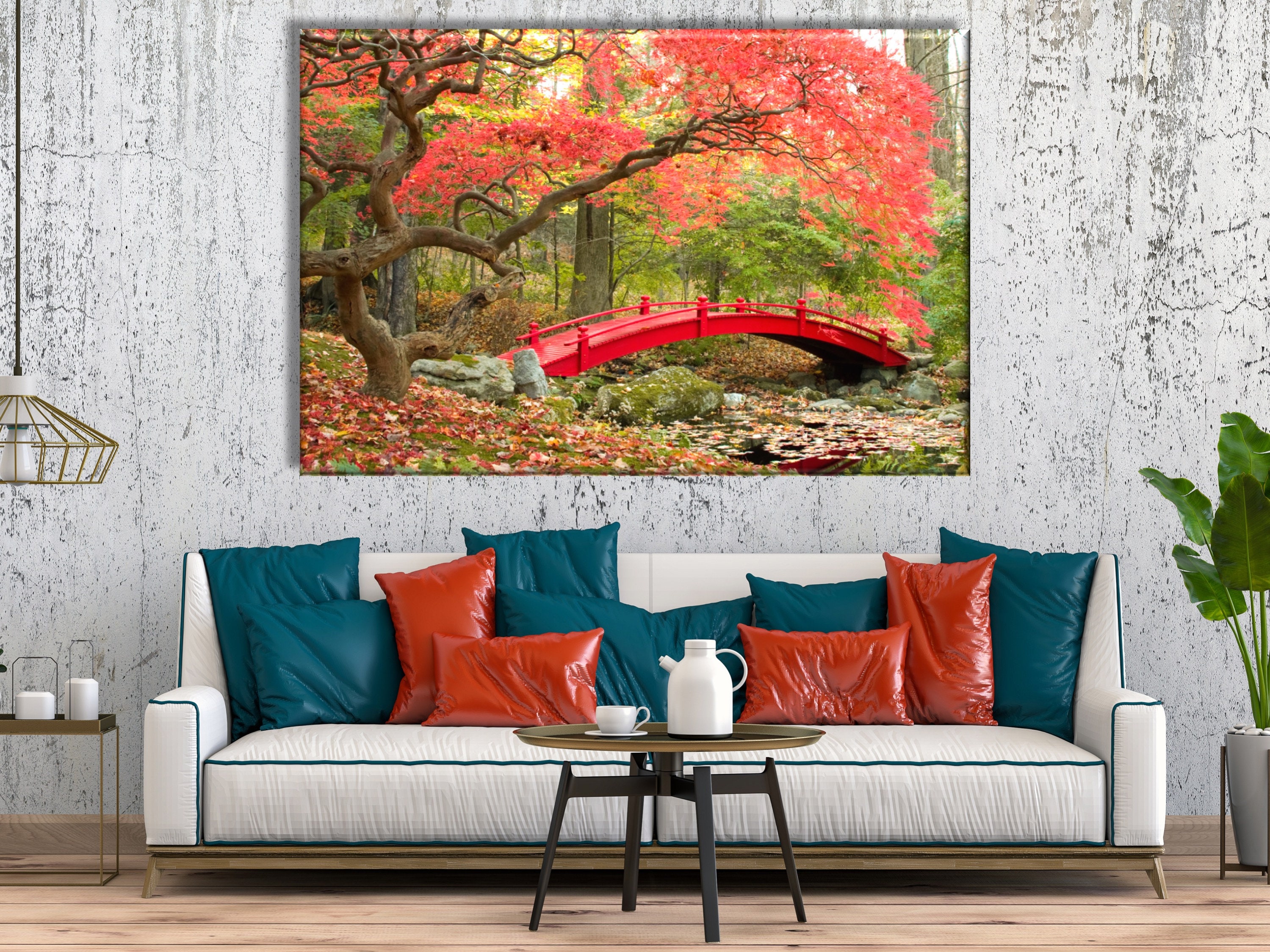 Japanese Garden Wall Art Red Bridge Canvas Japanese Garden Etsy