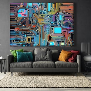 Lienzo colorido con microchip: Impresión de placa base de computadora