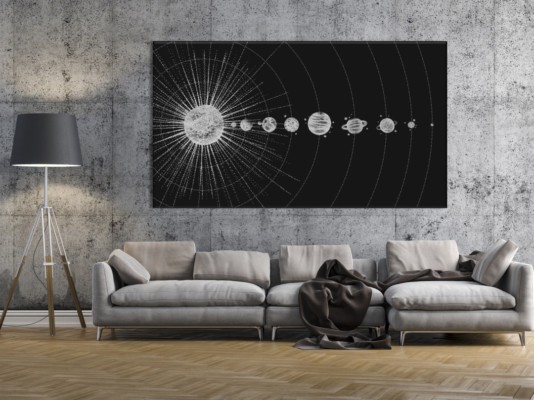 Solar System Wall Art, Black and White, Planets Canvas, Space Poster