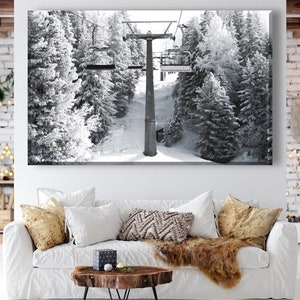 Ski lift under Mist,Winter Scenery Wall Art, Snowy Mountains Landscape, Сhalet Wall Decor, Mountain Art Print, Ski lift Canvas, Skier Gift