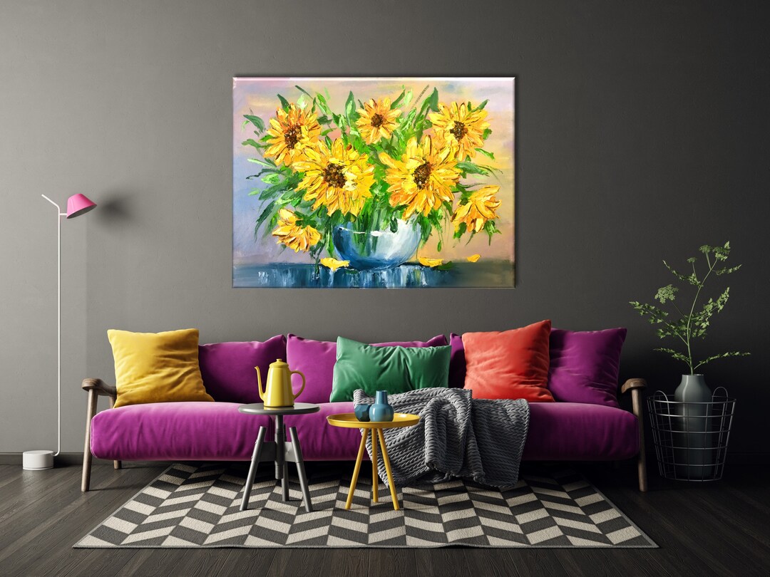 Oil Painting Sunflowers Canvas Print, Colorful Floral Wall Decor