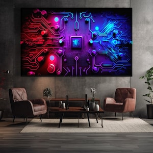 Art mural circuit multicolore, oeuvre d'art sur la cybersécurité, toile imprimée carte électronique, oeuvre d'art de la carte mère, cadeau technologique pour ingénieur, décoration de bureau