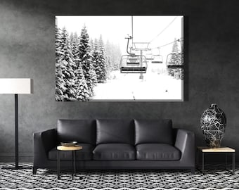 Snow Covered Spruce Trees, Сhalet Wall Decor, Ski Lift Wall Art, Mountain Art Print, Ski lift Canvas, Skier Gift, Mountains Wall Art