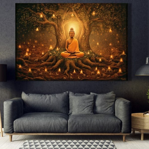 Buddha  Wall Art, Siddhartha Gautama Canvas Print, Hindu  Wall Art, Yoga Studio Decor,  Bodhi Tree Art , Sacral Symbol Print, Spiritual Art