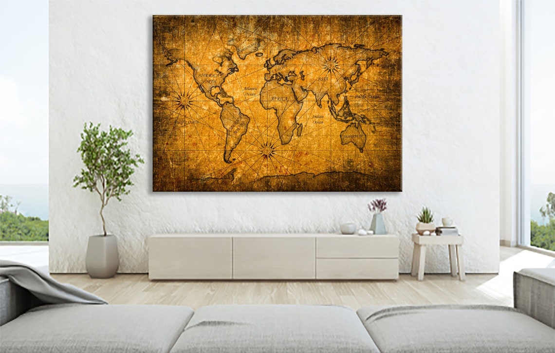 World Map Canvas Old World Map Wall Decor Vintage World Map Etsy