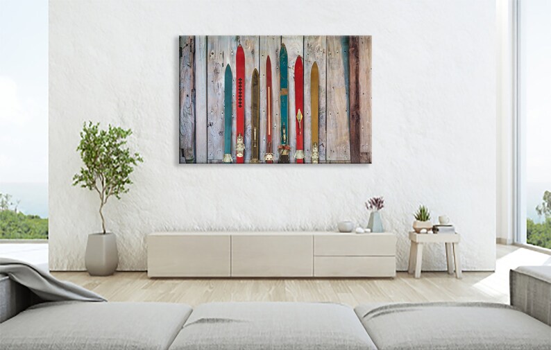Vintage Wooden Skis Wall Art Weathered Winter Sports Photo Print Sportotivation Decor Stretched Ready To Hang