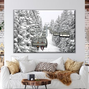 Tela de teleférico com neve, pinheiros cobertos de neve, decoração de parede para chalé, impressão de arte em montanha, tela de teleférico, presente para esquiador