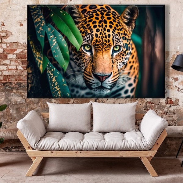 Retrato de jaguar, arte de la pared de jaguar, regalo de amante de la naturaleza salvaje, obra de arte de gato salvaje, estirado listo para colgar