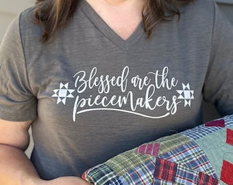 Blessed are the Piecemakers - V Neck - Heather Olive Slub - Bella + Canvas - Quilter Tee - Fall Quilter Tee