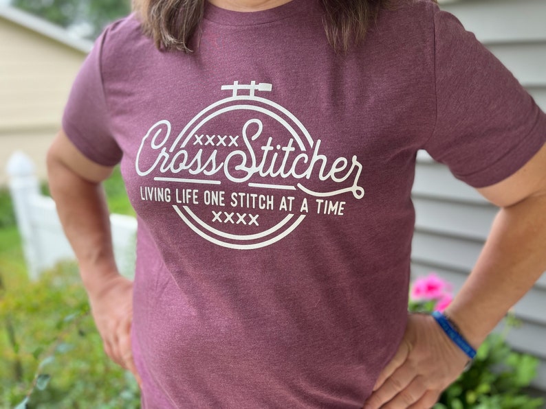 UNISEX TEE Cross Stitcher Livin' Life One Stitch at a Time Cross Stitch Gift Cross Stitcher Stitcher Embroidery Gift Maroon image 1